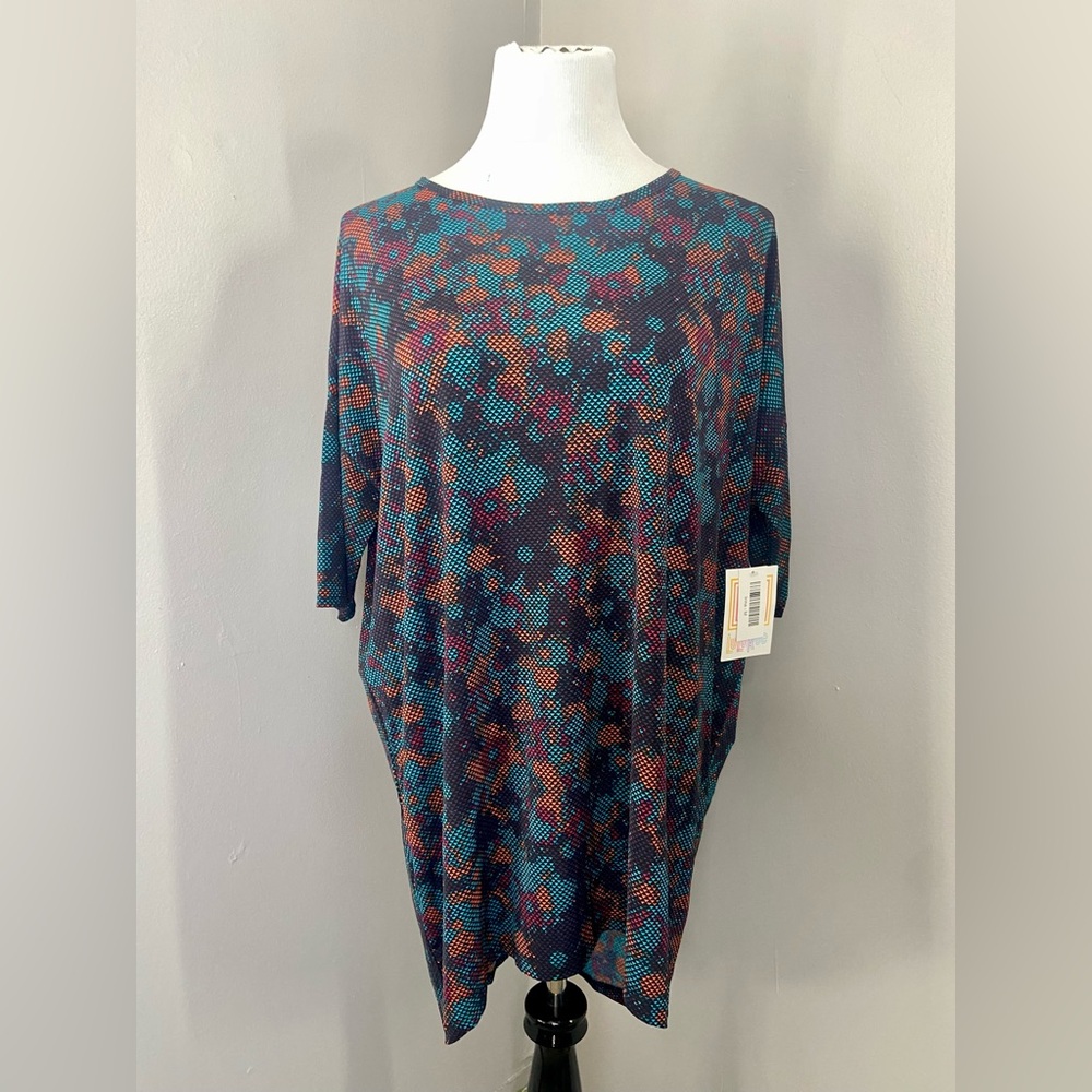LuLaRoe Irma Tunic Style Top NWT Blue Orange Purple Black Floral Geometric